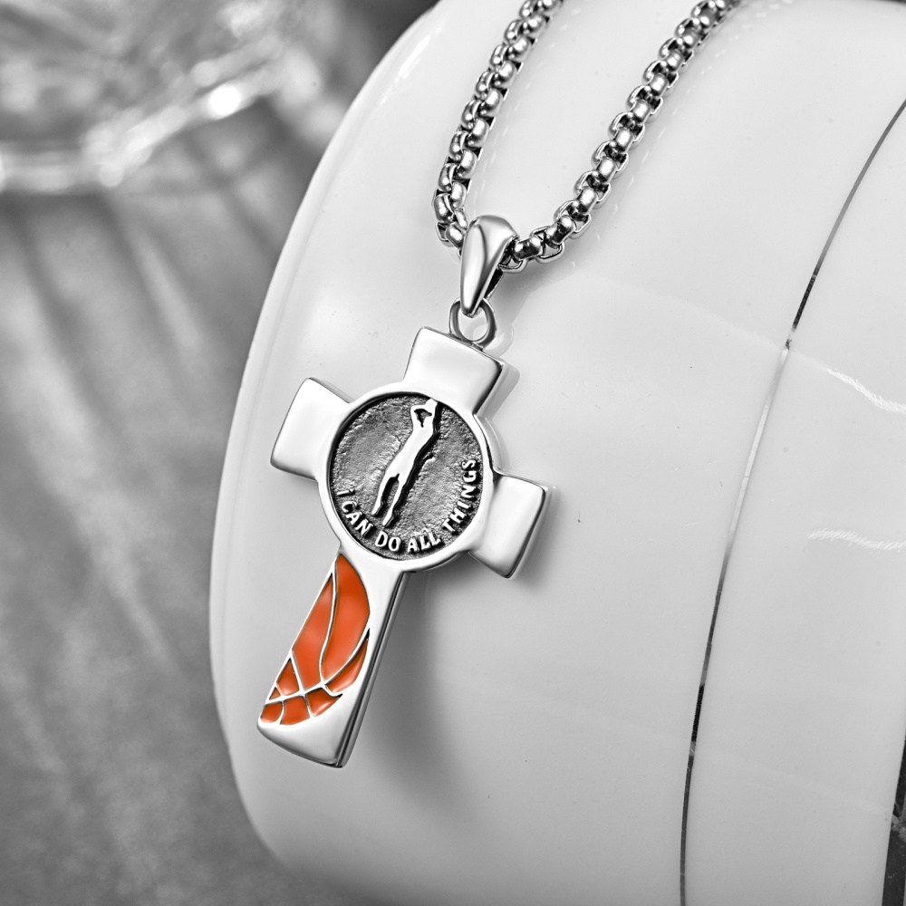 Colar de prata esterlina com pingente de bola de basquetebol e cruz com palavra gravada pa-3