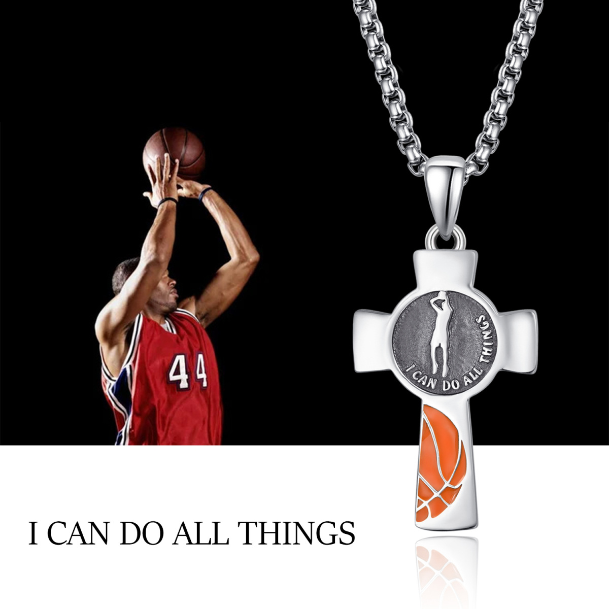 Collar de plata de ley con colgante de baloncesto y cruz con palabra grabada para hombre-5