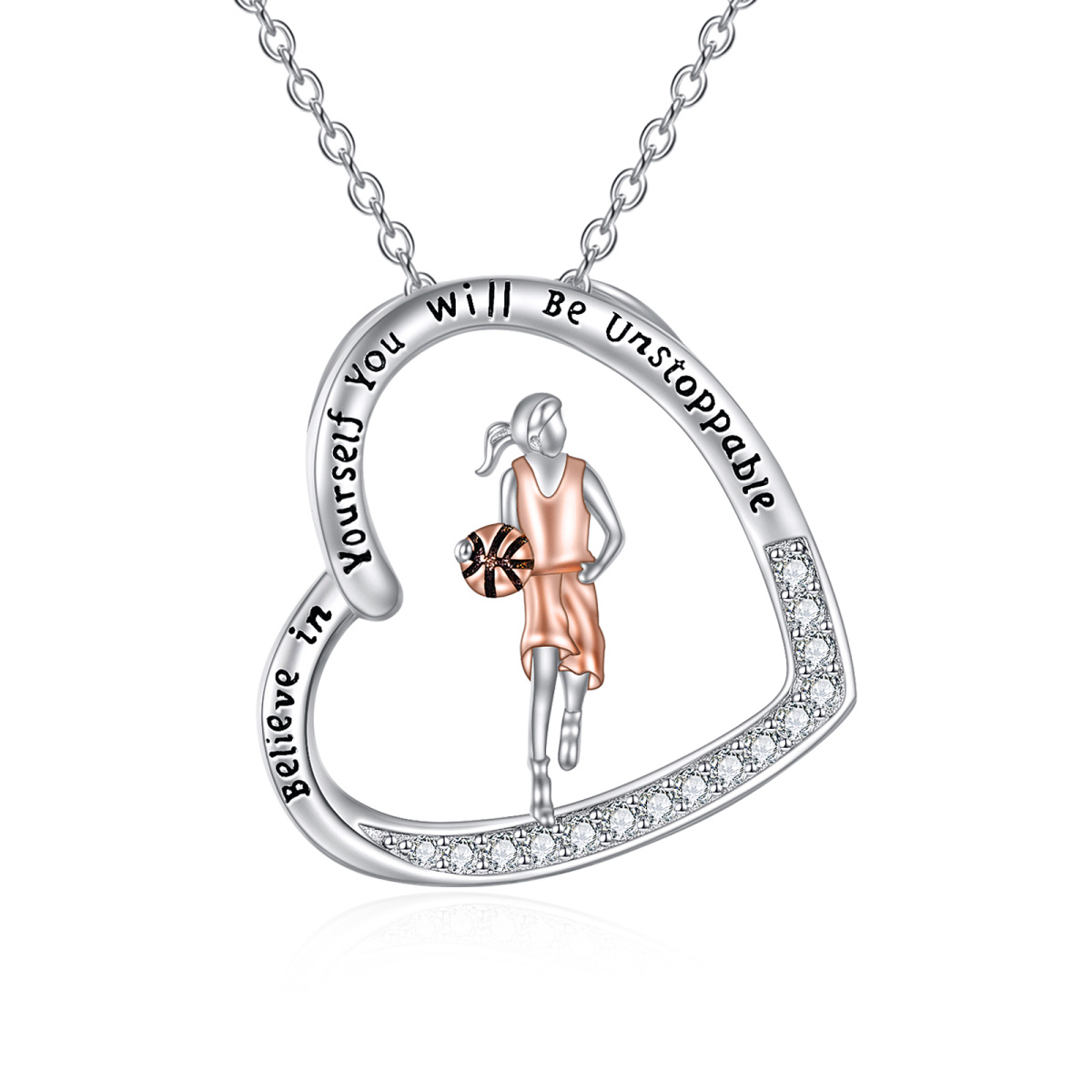 Sterling Silver Two-tone Cubic Zirconia Basketball & Heart Engraved Necklace for Women-1