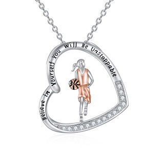 Sterling Silver Two-tone Cubic Zirconia Basketball & Heart Engraved Necklace for Women-5