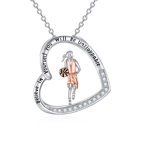 Sterling Silver Two-tone Cubic Zirconia Basketball & Heart Engraved Necklace for Women