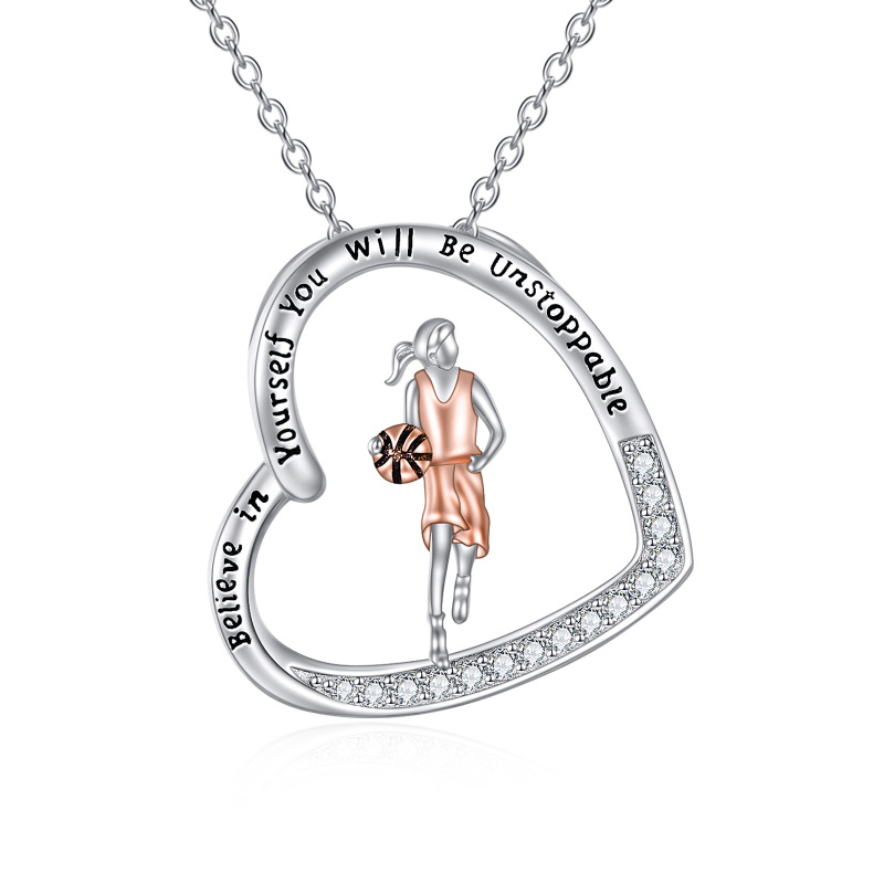 Sterling Silver Two-tone Cubic Zirconia Basketball & Heart Engraved Necklace for Women-9
