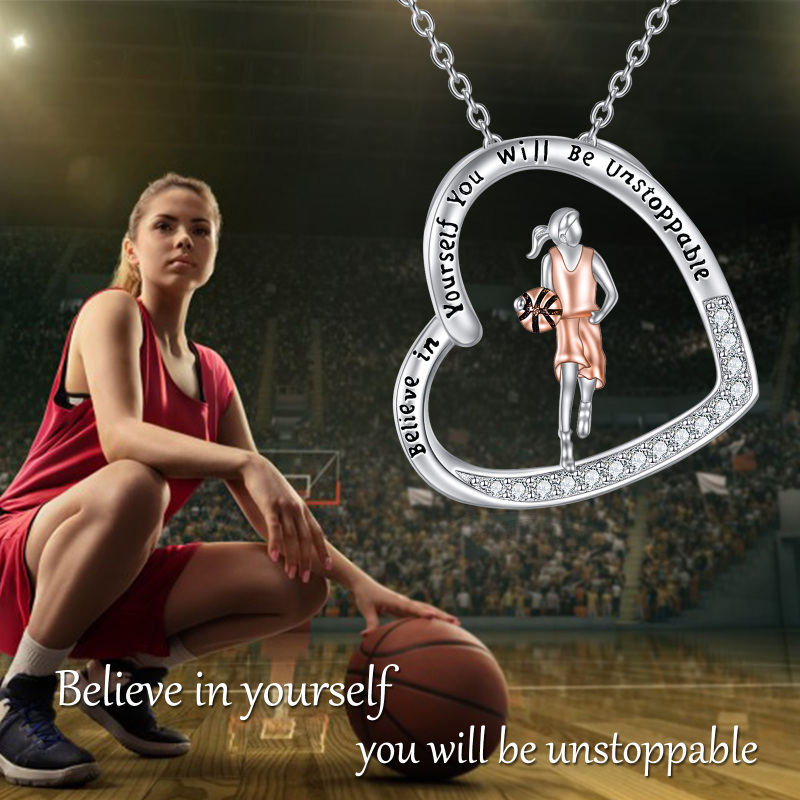 Sterling Silver Two-tone Cubic Zirconia Basketball & Heart Engraved Necklace for Women-6
