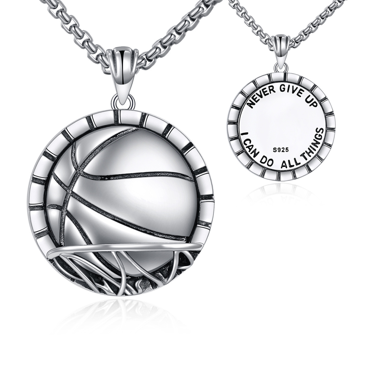 Collar con colgante de baloncesto de plata de ley con palabra grabada-1