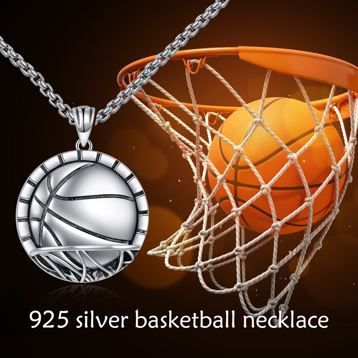 Sterling Silver Basketball Pendant Necklace with Engraved Word-3