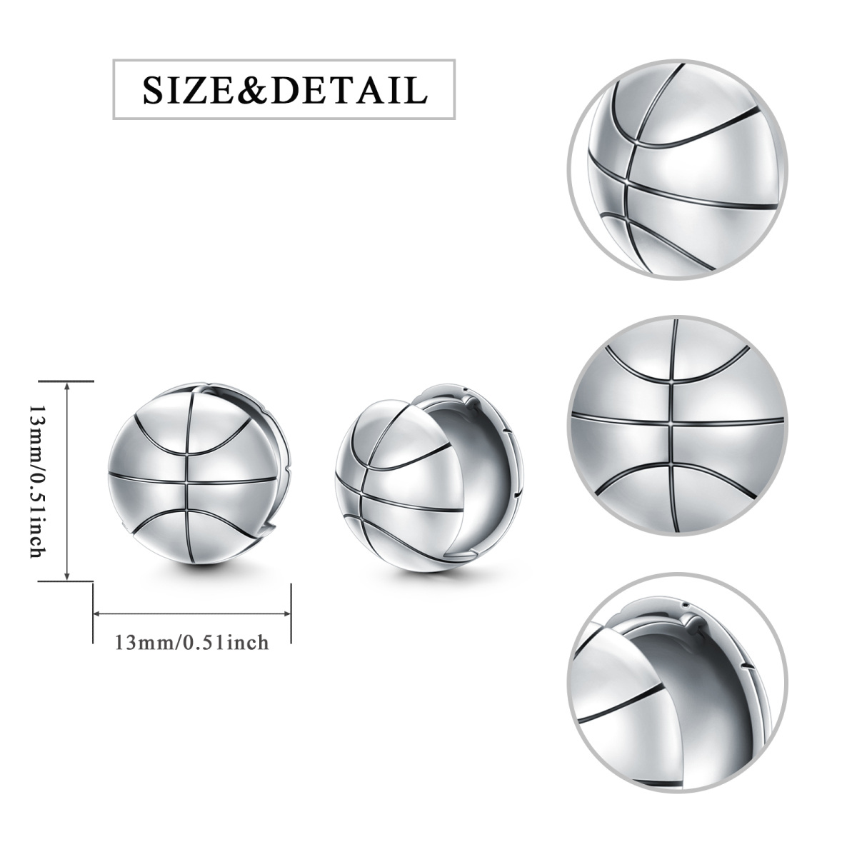 Sterling Silver Basketball Stud Earrings for Men-5