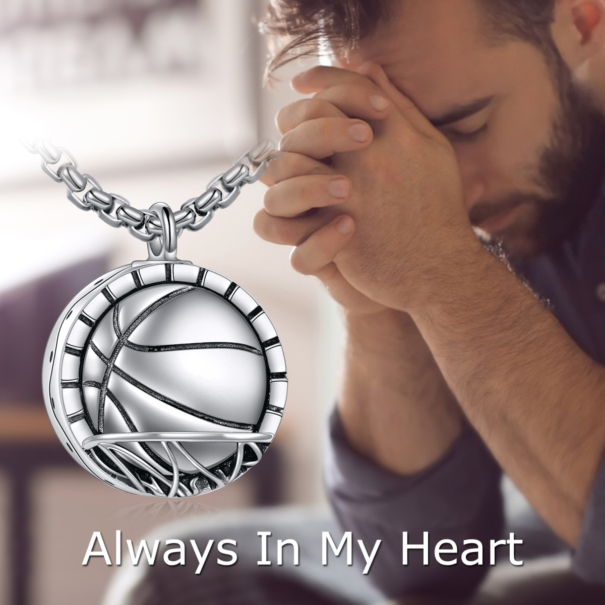 Collar de urna de baloncesto de plata de ley para cenizas con palabra grabada para hombres-6