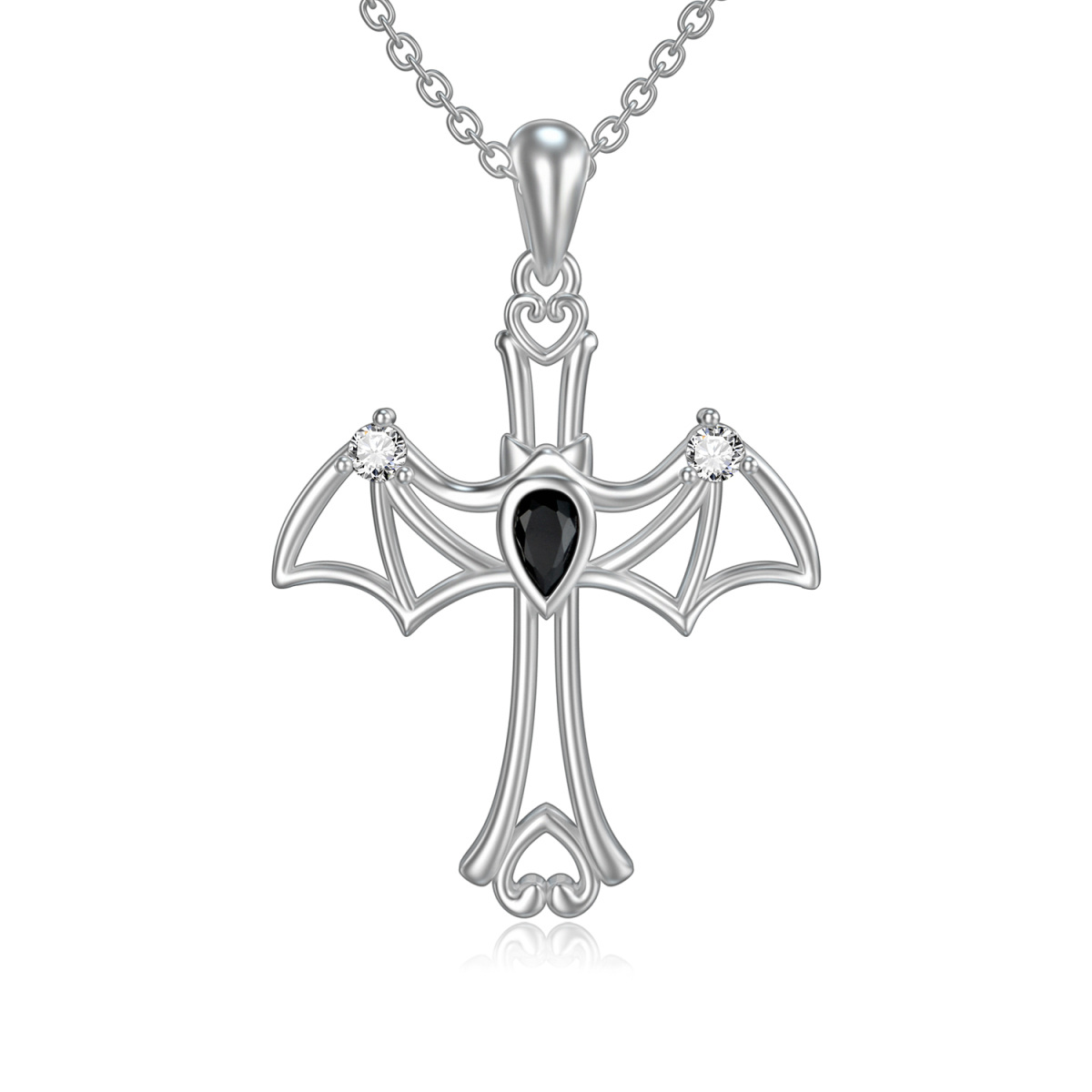 Sterling Silver Cubic Zirconia Bat Cross Pendant Necklace-1