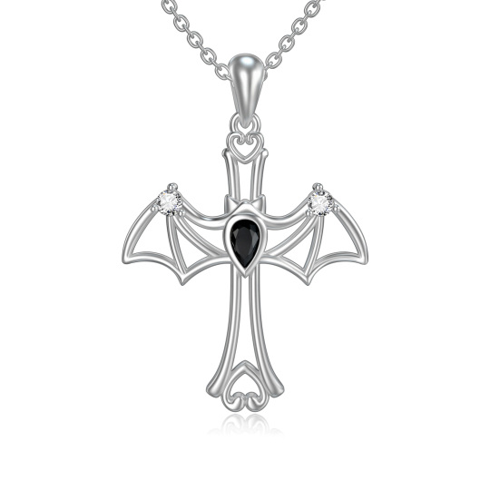 Sterling Silver Cubic Zirconia Bat Cross Pendant Necklace