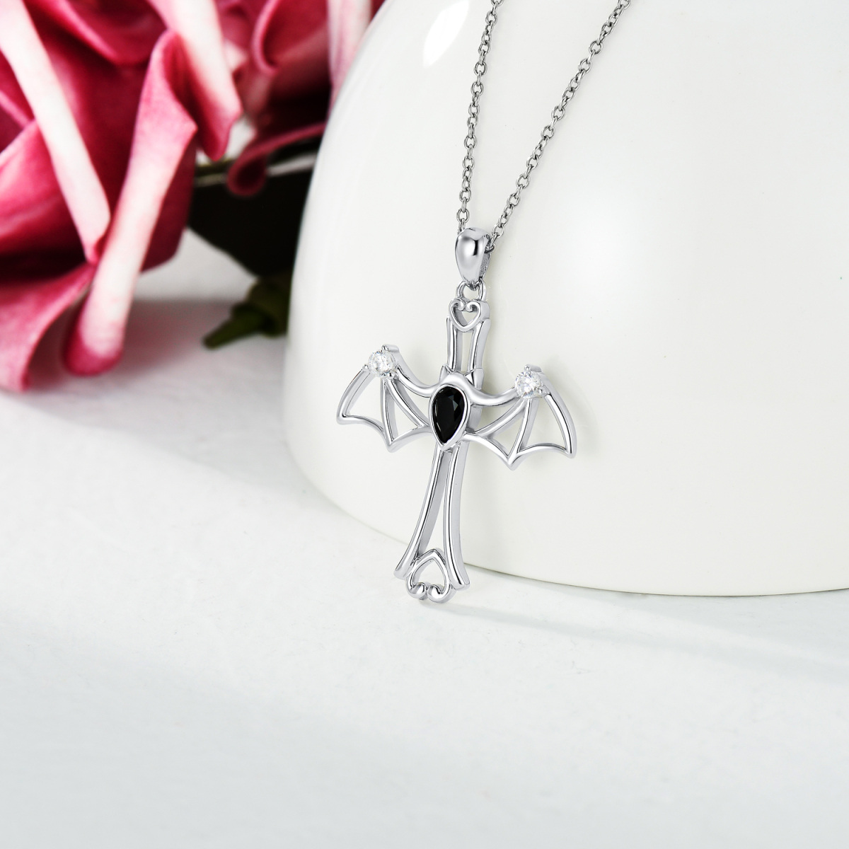 Sterling Silver Cubic Zirconia Bat Cross Pendant Necklace-3