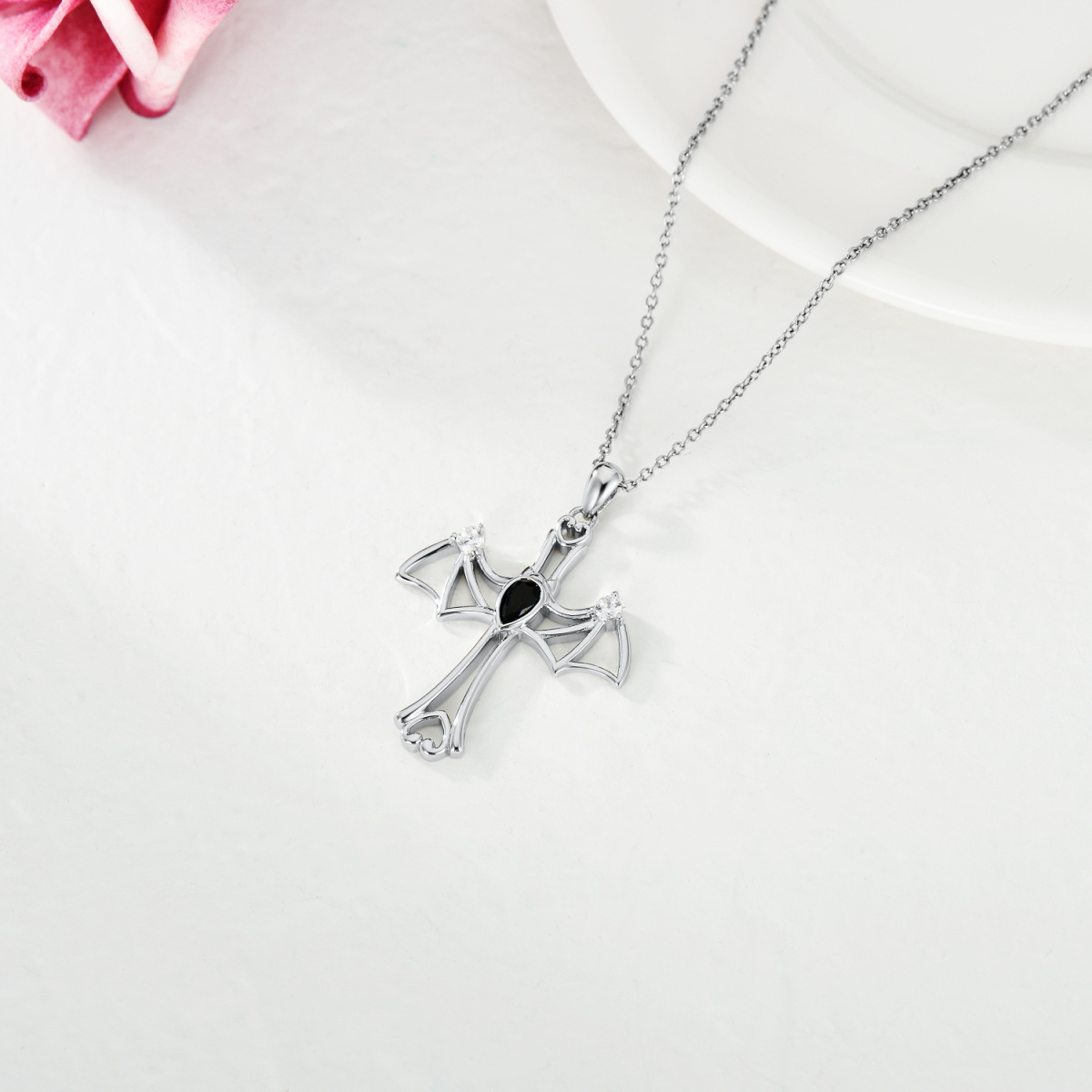 Sterling Silver Cubic Zirconia Bat Cross Pendant Necklace-4