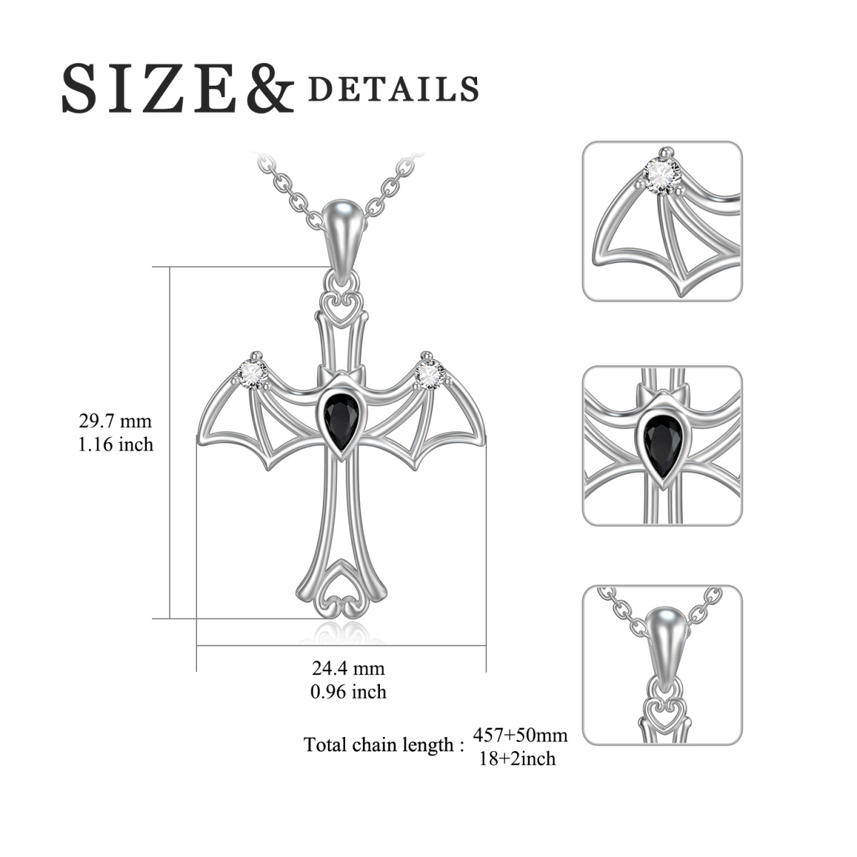 Halskette mit Fledermaus-Kreuz-Anhänger aus Sterlingsilber mit Zirkonia-5