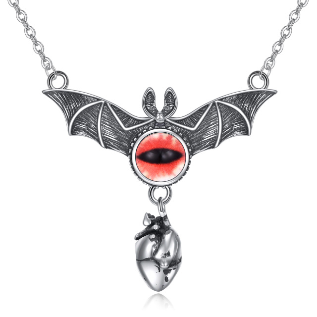 Collar de plata de ley con colgante de murciélago y corazón para hombre-1