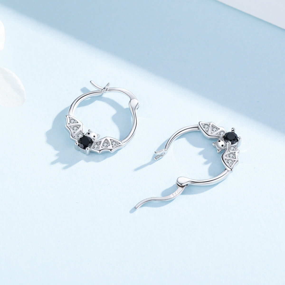 Sterling Silver Cubic Zirconia Bat Hoop Earrings-5