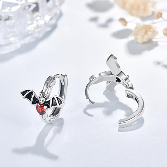 Sterling Silver Cubic Zirconia Bat Hoop Earrings-3