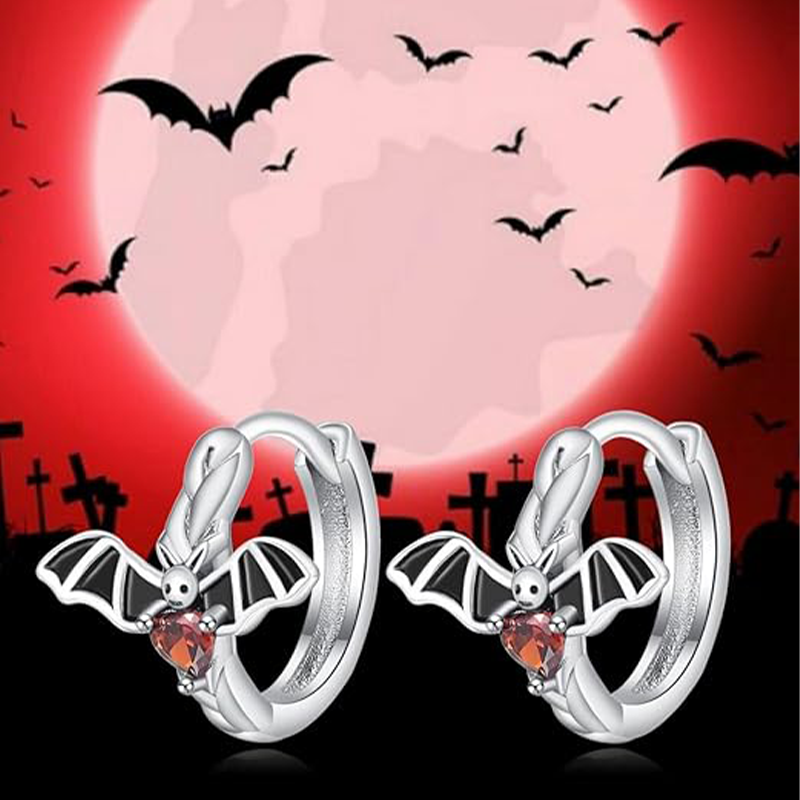 Sterling Silver Cubic Zirconia Bat Hoop Earrings-5