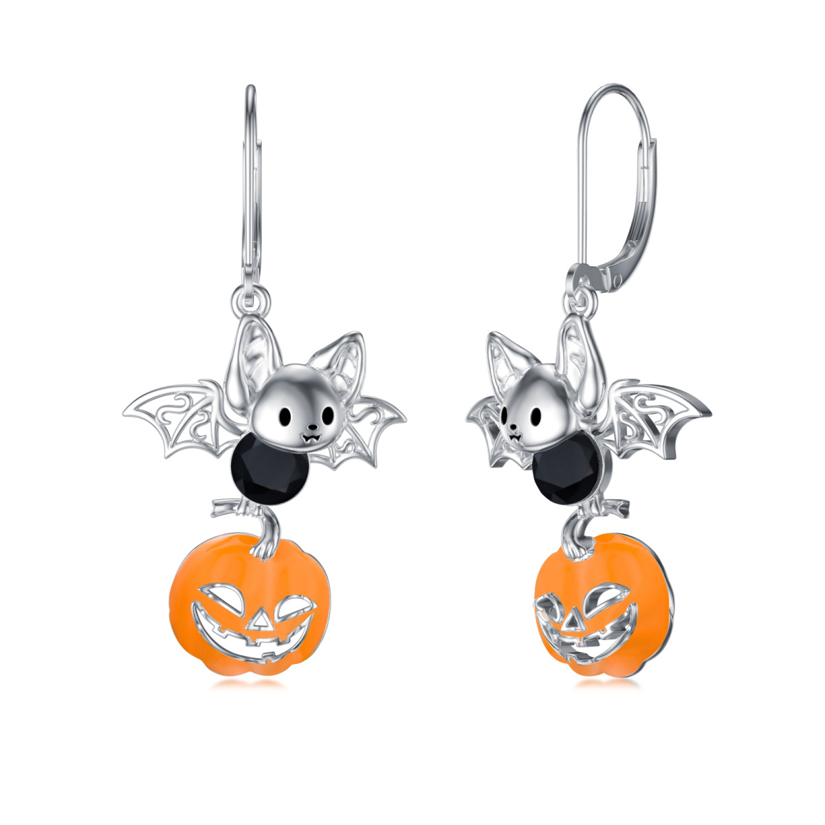 Sterling Silver Cubic Zirconia Bat Lever-back Earrings-1