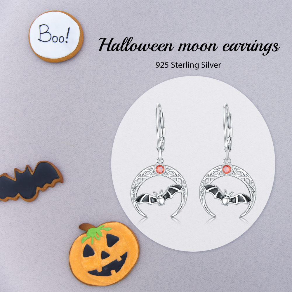 Sterling Silver Cubic Zirconia Bat & Moon Drop Earrings-6