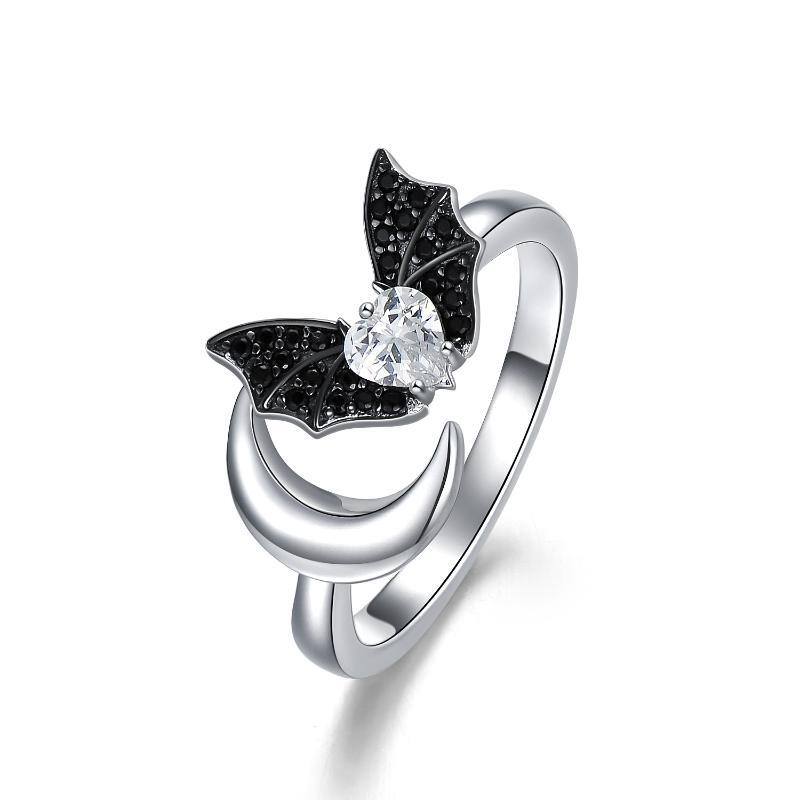 Anello aperto con pipistrello e luna in argento sterling con zirconia cubica-1