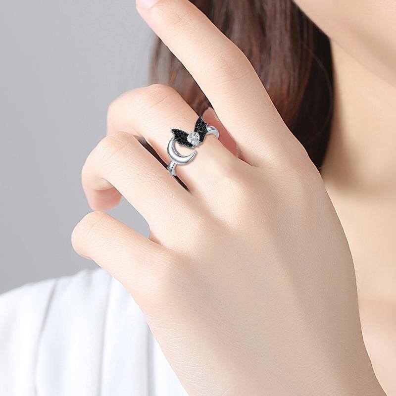 Bague ouverte en argent sterling avec zircone cubique et lune chauve-souris-2