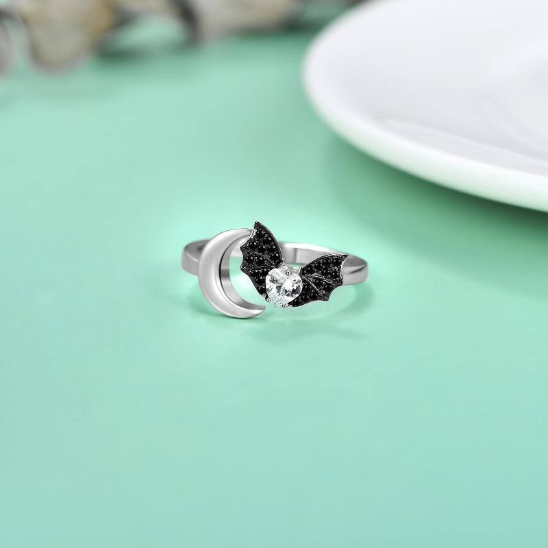 Bague ouverte en argent sterling avec zircone cubique et lune chauve-souris-3