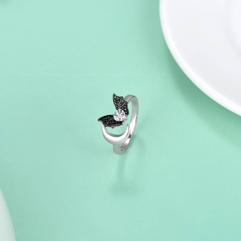 Sterling Silver Cubic Zirconia Bat & Moon Open Ring-4