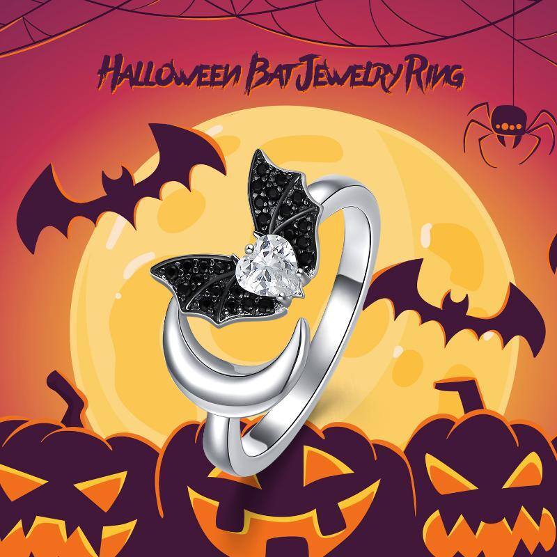 Sterling Silver Cubic Zirconia Bat & Moon Open Ring-5