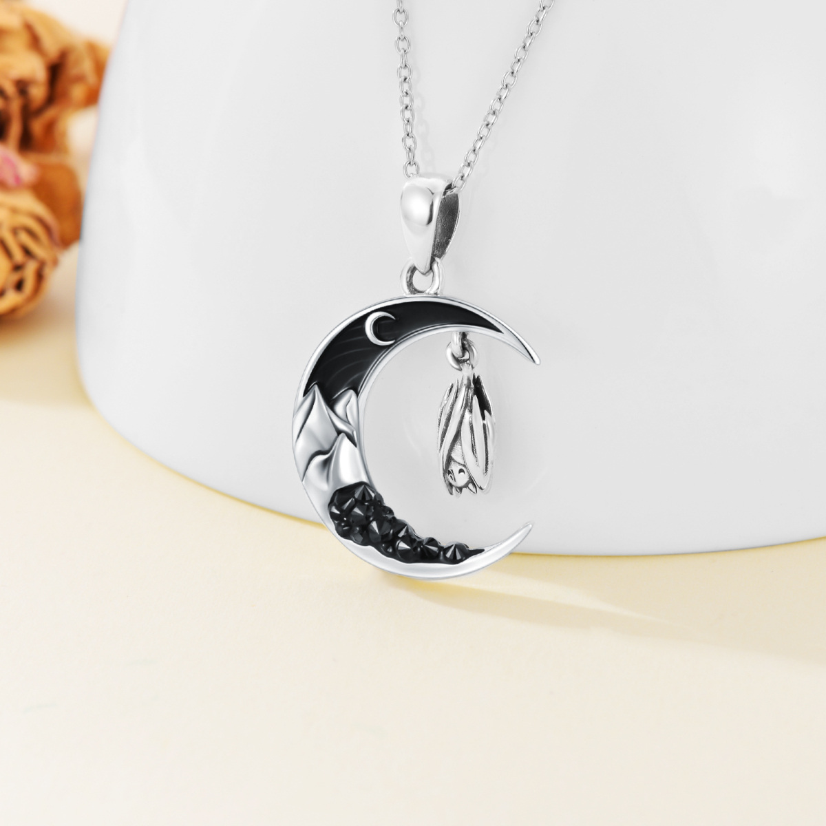 Sterling Silver Bat & Moon Pendant Necklace-3