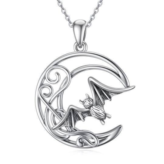 Sterling Silver Bat & Moon Pendant Necklace