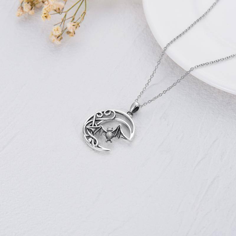 Sterling Silver Bat & Moon Pendant Necklace-5