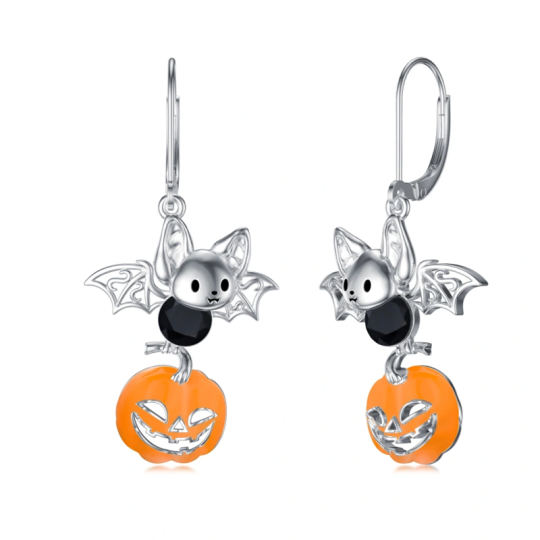 Sterling Silver Bat & Pumpkin Lever-back Earrings