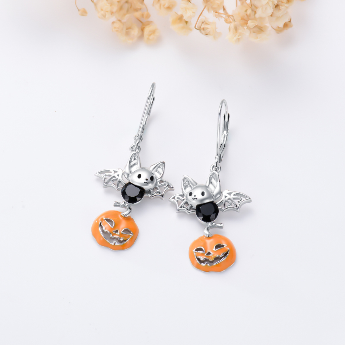 Sterling Silver Bat & Pumpkin Lever-back Earrings-2