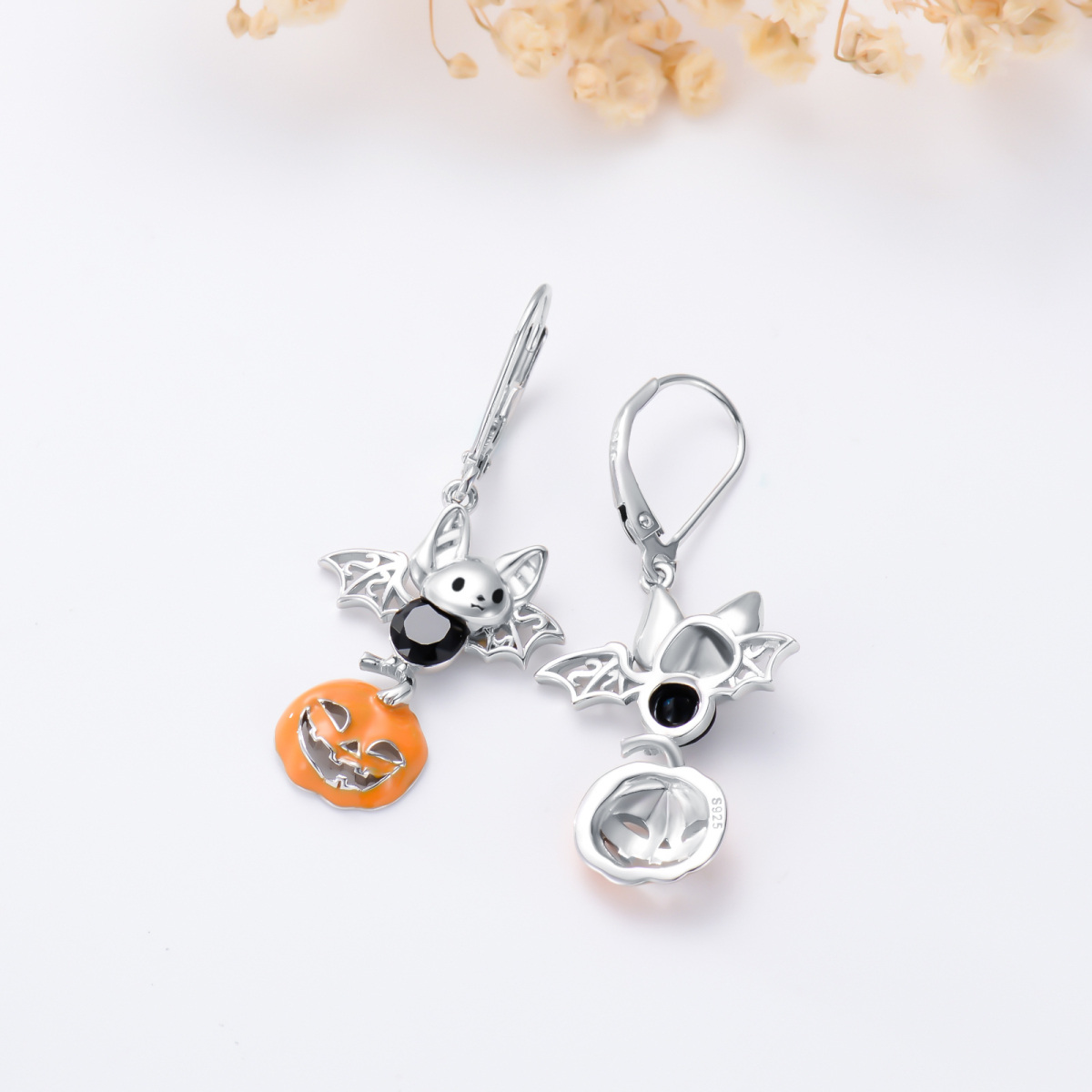 Sterling Silver Bat & Pumpkin Lever-back Earrings-3