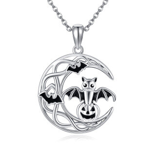 Sterling Silver Bat & Pumpkin & Moon Halloween Jewelry Pendant Necklace-8