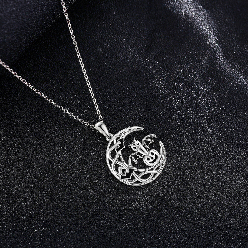 Sterling Silver Bat & Pumpkin & Moon Halloween Jewelry Pendant Necklace-3
