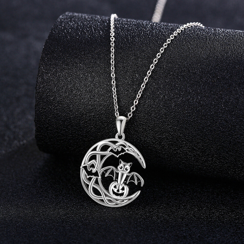 Sterling Silver Bat & Pumpkin & Moon Halloween Jewelry Pendant Necklace-4