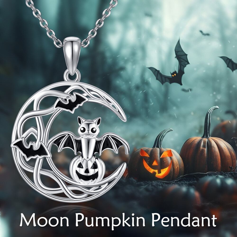 Sterling Silver Bat & Pumpkin & Moon Halloween Jewelry Pendant Necklace-5
