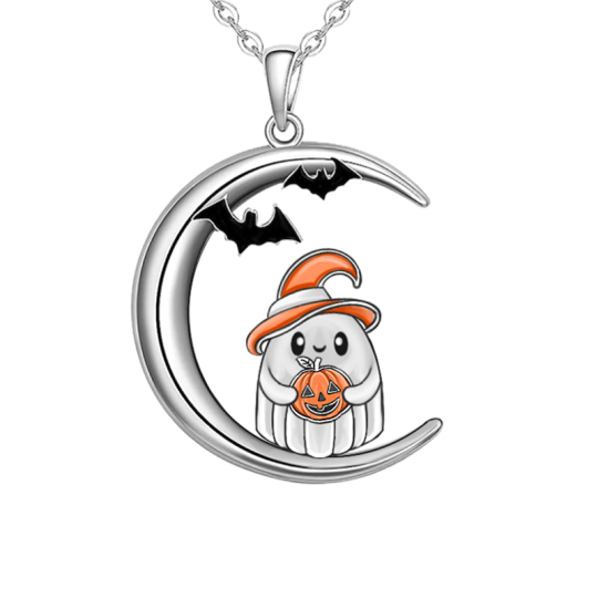 Collana con ciondolo a forma di luna e zucca pipistrello in argento sterling