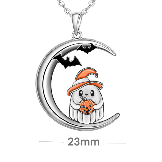 Sterling Silver Bat & Pumpkin & Moon Pendant Necklace-2