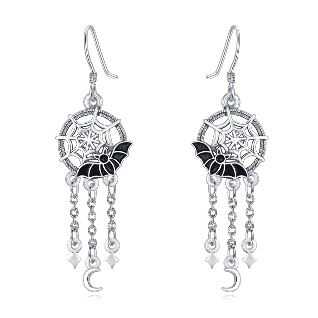 Sterling Silver Bat Spider Web Drop Earrings-1