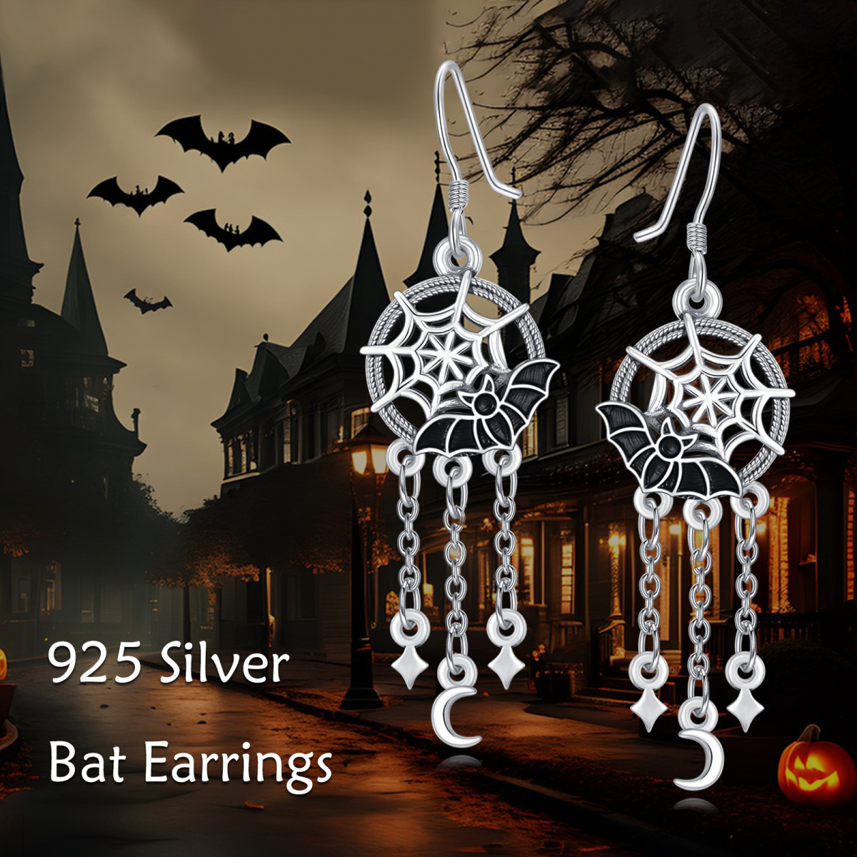 Sterling Silver Bat Spider Web Drop Earrings-6