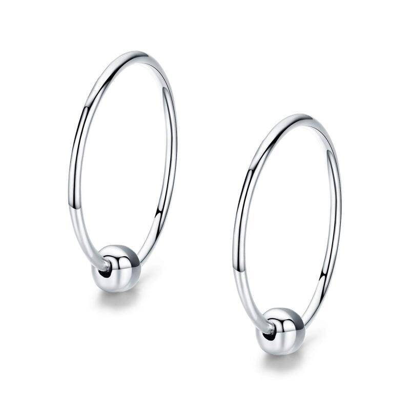 Sterling Silver Bead Hoop Earrings-4