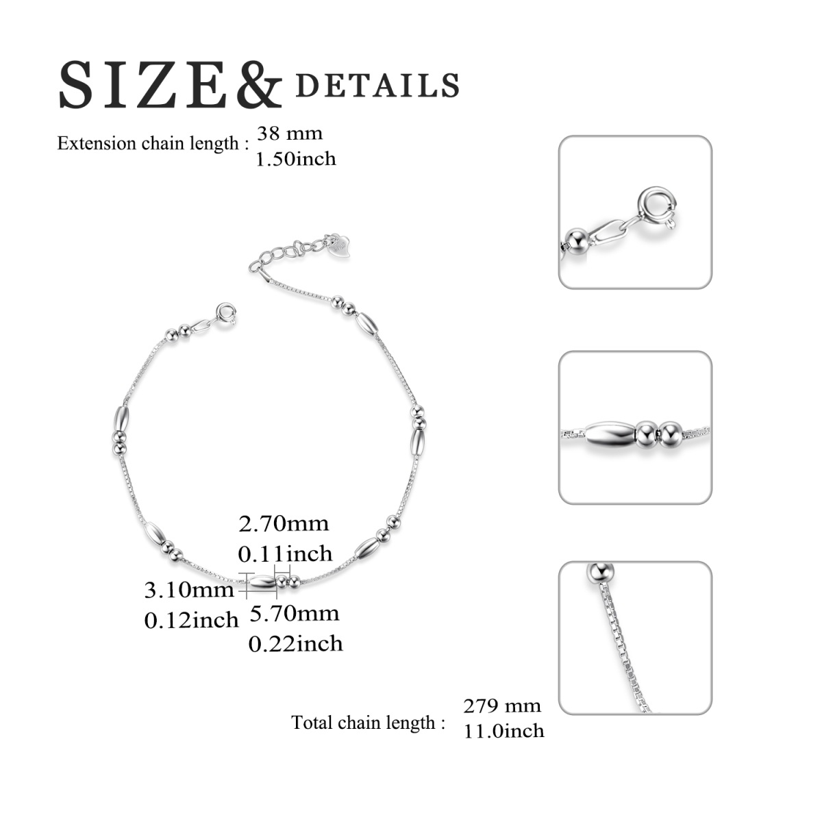 Sterling Silver Bead Single Layer Anklet-5