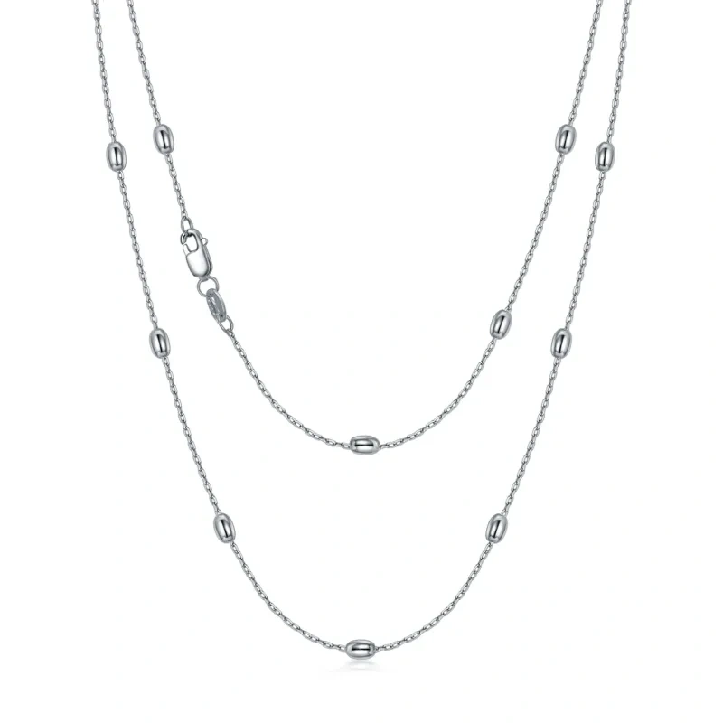 Sterling Silver Bead Bead Station Chain Necklace With White Gold Plated