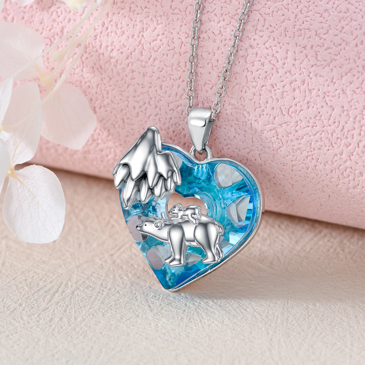 Sterling Silver Bear & Heart Crystal Pendant Necklace-2