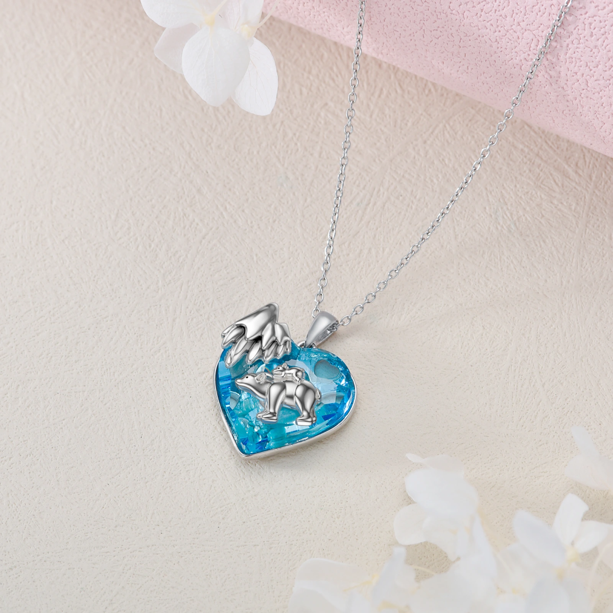 Sterling Silver Bear & Heart Crystal Pendant Necklace-3