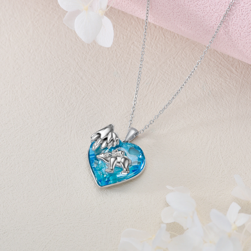 Sterling Silver Bear & Heart Crystal Pendant Necklace-3