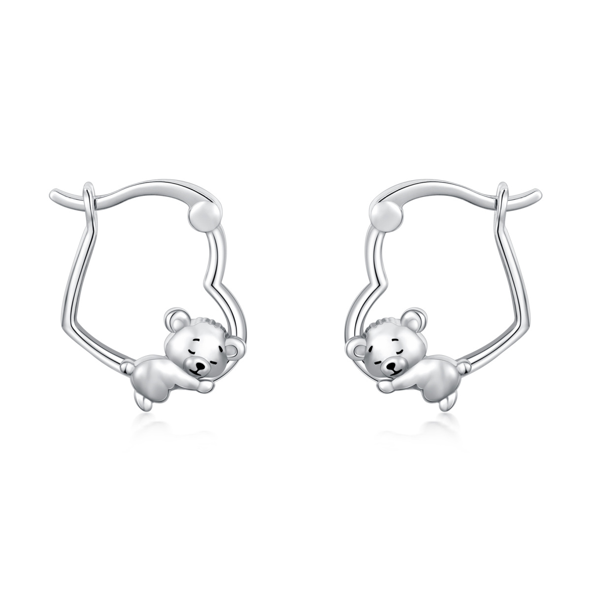 Orecchini a cerchio con orso e cuore in argento sterling-1