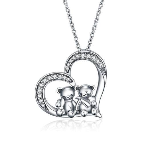 Collana con ciondolo a forma di orso e cuore in argento sterling