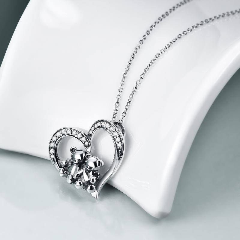 Sterling Silver Bear & Heart Pendant Necklace-3